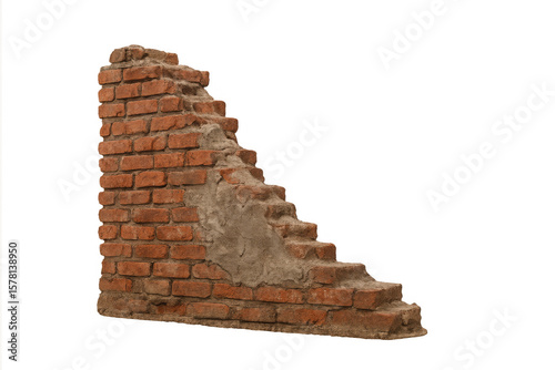 Crumbling red brick wall section isolated on transparent background, showing decay and damage, ideal for architectural visualization or compositing