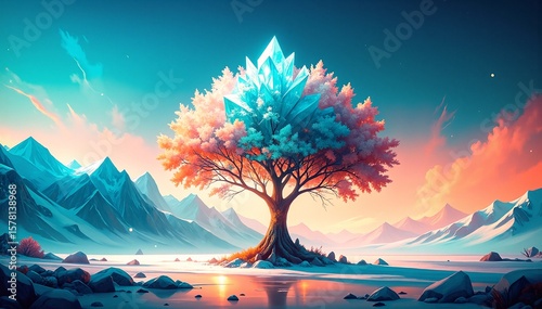 A solitary tree stands resilient in the center of a frozen lake, its branches dusted with snow, reflecting the serene beauty of winter's chill.