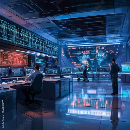 cybercrime prevention center digital analysts at work modern control room hightech monitors and data charts clear subject focus