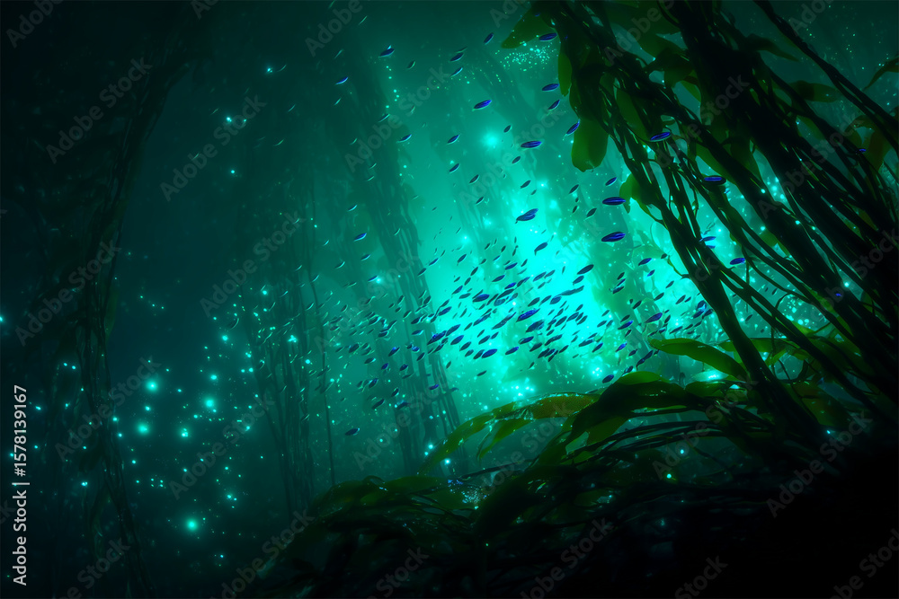 Obraz premium Underwater bioluminescent kelp forest shimmering