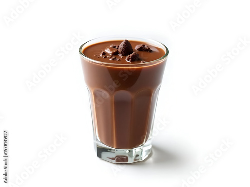 Glass filled with chocolate milk serves as a delicious beverage and refreshing treat offering a sweet and creamy indulgence on a white surface