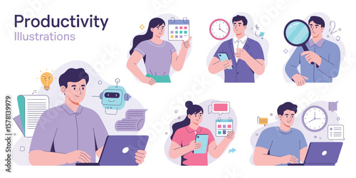 AI Technology Set with Characters Using Artificial Intelligence, Algorithms, and Generative Tools for Task Management, Checklists, Scheduling, and Productivity Boost in Modern Vector Illustration Desi