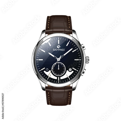 Mens Sappinee Luxury Watch with Brown Leather Strap Silver Case and Black Dial
