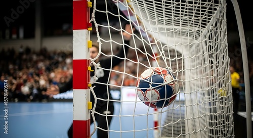 Handball Goal Scored Net Ball In Arena Crowd Blurred Background Action Shot
