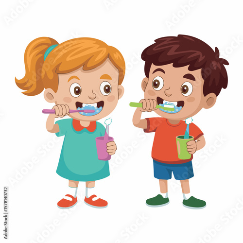 Children brushing teeth dental hygiene oral care kids toothbrushing routine healthy smile happy kids vector art