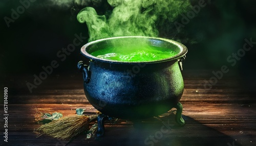 enchanting green potion boils in a mystical cauldron