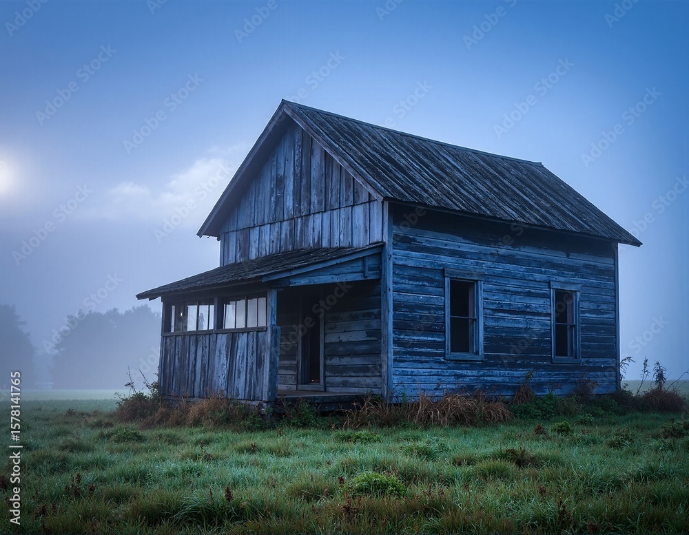 Obraz premium A charming wooden house stands proudly in the center of a vast, open field, surrounded by lush green grass and wildflowers under a clear blue sky.
