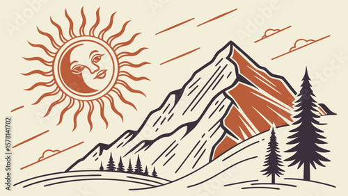 Vintage Sun and Mountain Vector.