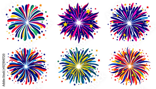 A vibrant vector illustration showcasing a stunning collection of colorful fireworks bursting against a clean white backdrop, perfect for celebratory designs and festive occasions.