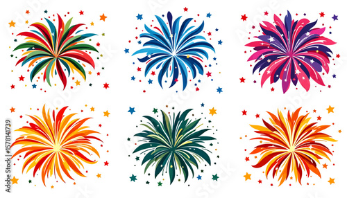 A vibrant collection of six colorful, stylized fireworks explosions and scattered stars, presented as a versatile vector graphic for festive celebrations.