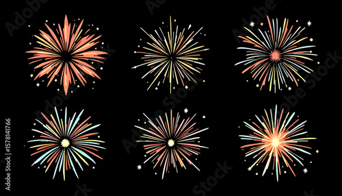 A collection of six colorful, stylized fireworks bursts in vector format, perfect for festive celebrations and graphic design elements.