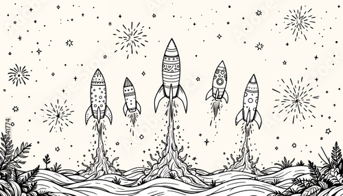 A captivating hand-drawn vector illustration shows multiple rockets launching into a starry night sky, surrounded by celebratory fireworks and sparkling stars.