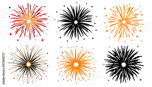 High-quality vector fireworks PNG illustrations ideal for celebratory designs, festive backgrounds, and holiday projects, offering vibrant colors and dynamic shapes for various applications.