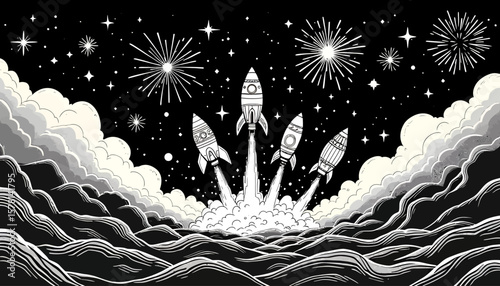 A black and white vector illustration depicts several rockets launching amidst fireworks and clouds, creating a celebratory and dynamic scene against a starry night backdrop.