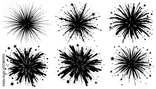 Six distinct black vector silhouette designs depicting abstract fireworks or celebratory explosions, ideal for graphic resource use.