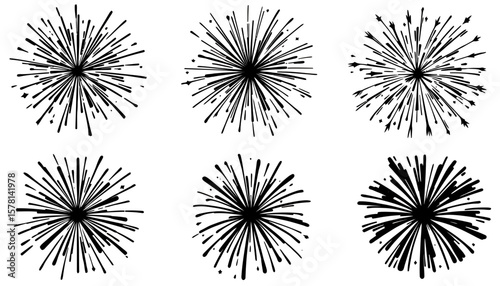 A set of black and white fireworks vector illustrations, perfect for celebratory designs, event promotions, and festive graphic elements, available in PNG format for easy integration.