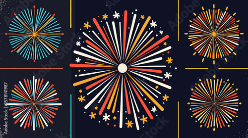 A vibrant and dynamic vector illustration showcasing a collection of stylized fireworks exploding in a celebratory display against a dark background, ideal for festive designs.