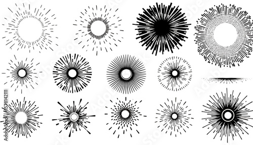 A collection of dynamic vector fireworks bursts in various styles, perfect for adding a touch of celebratory flair to any design project, available as a transparent PNG.