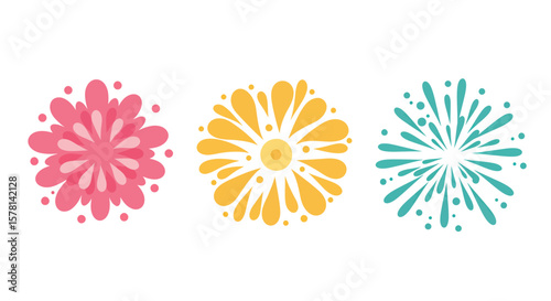 Three colorful abstract vector fireworks bursts in pink, yellow, and teal, isolated on a white background, perfect for celebrations.