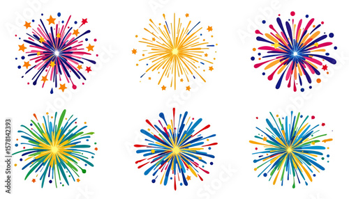 A vibrant collection of colorful fireworks bursts in a vector format, perfect for celebratory designs, events, and festive occasions, showcasing bright explosions.