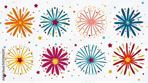 Vibrant vector fireworks with colorful bursts and star accents create a festive and celebratory atmosphere, perfect for graphic design elements and event promotions.