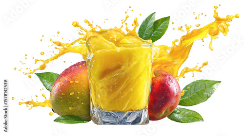 Glass of mango juice with splash and fruit garnish, isolated on tranparent background 