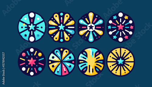 High-quality vector PNG illustrations of fireworks, perfect for celebrations, holidays, and festive designs.  These vibrant, colorful firework icons are ideal for adding a celebratory touch to your