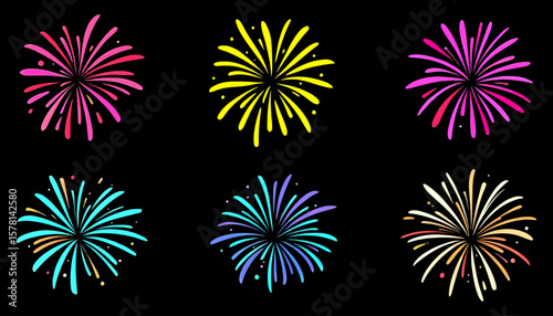 Vibrant fireworks vector illustration featuring colorful bursts against a dark background, perfect for festive designs, celebrations, and adding a touch of excitement.