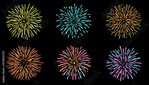 High-quality vector fireworks PNG illustrations, perfect for festive designs, celebrations, and holiday projects.  Download this vibrant collection of colorful firework bursts for your next creative