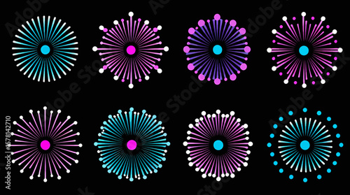 A vibrant vector illustration showcases a collection of stylized fireworks in shades of blue and purple, perfect for celebratory designs and festive backgrounds on a dark backdrop.