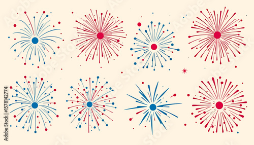 A collection of stylized red and blue fireworks bursting in a festive, celebratory pattern, perfect for holiday designs and graphic resources.