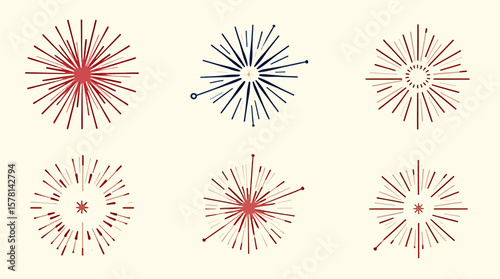A set of vector fireworks illustrations in various styles, perfect for celebratory designs, party decorations, and festive event graphics, with a retro or vintage aesthetic.