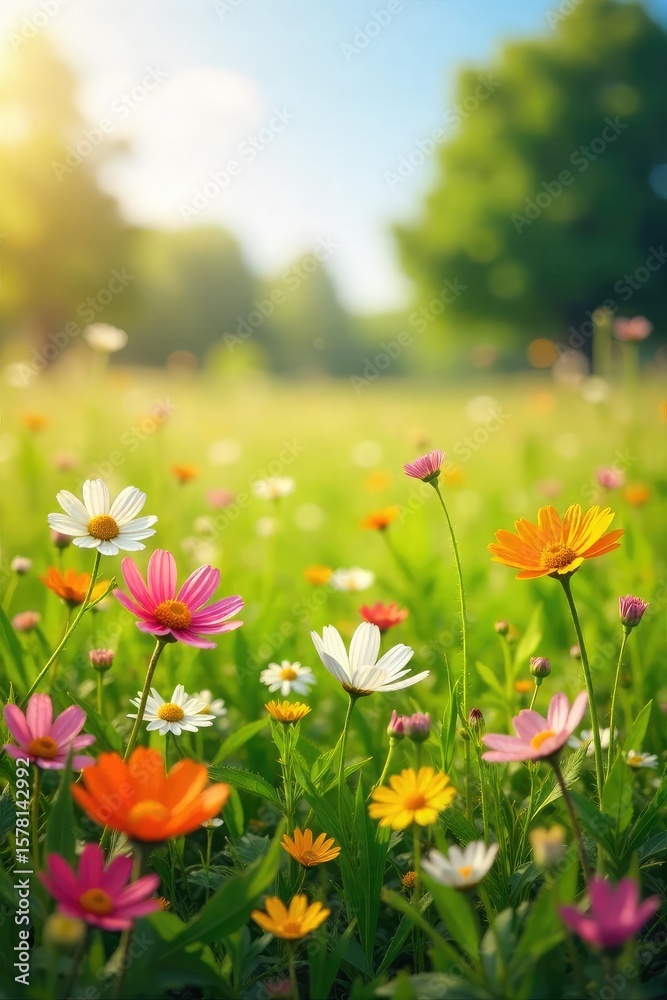 Obraz premium Sun-Drenched Wildflower Meadow A Vibrant Spring Landscape of Carefree Joy and Natural Beauty