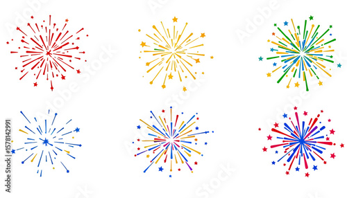 A vibrant collection of colorful fireworks vector illustrations in PNG format, perfect for adding a celebratory touch to festive designs and holiday-themed projects.