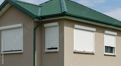 Close-up of a house corner with three windows covered by white roller shutters and a green roof.