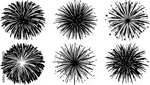 A collection of six black and white fireworks vector illustrations, perfect for celebratory designs or festive graphic elements, presented in a transparent PNG format.