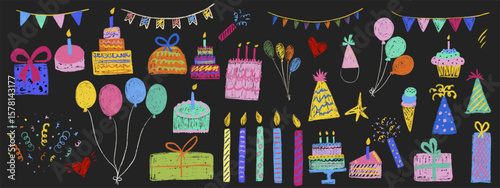 Party kids chalk hand drawing big set. Decoration festive happy birthday holiday items: cakes, candles, gift boxes, balloons, garlands, hats. Collection pencil freehand isolated vector illustration