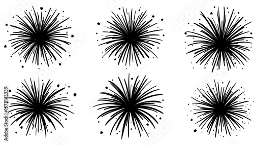 A collection of six hand-drawn black and white vector fireworks illustrations, perfect as isolated graphic elements for various design projects.