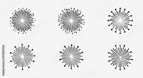 A set of stylized, black and white vector fireworks explosions in a radial burst pattern, perfect for celebratory designs, graphic elements, and festive backgrounds.