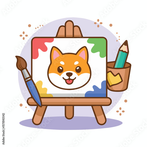 Cute shiba inu dog painting on canvas art easel with brush and pencil drawing illustration for kids