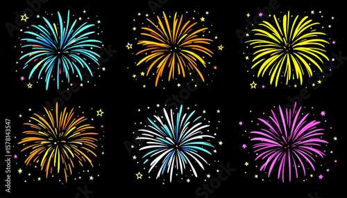 Vibrant vector illustration featuring a collection of colorful fireworks exploding against a dark backdrop, perfect for celebrations, events, and festive designs with a modern touch.