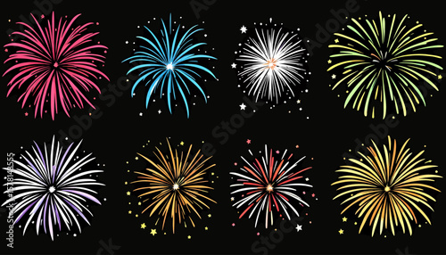 Vibrant vector fireworks bursts in multiple colors explode against a dark background, offering a festive graphic resource for celebrations and design projects.