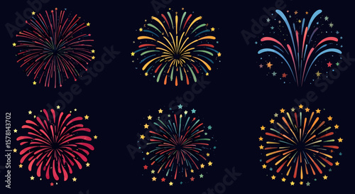 A vibrant collection of vector fireworks, perfect for adding a festive touch to any design, with each burst showcasing unique patterns against a dark backdrop.
