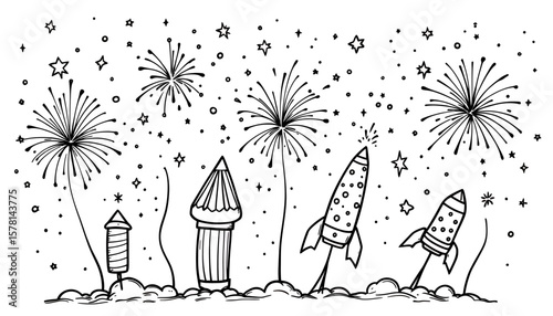 A whimsical vector illustration features hand-drawn fireworks exploding in the night sky, alongside rockets taking off, creating a festive and celebratory atmosphere with a png file format.
