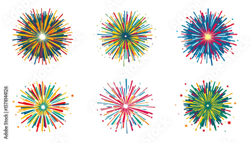 Vibrant collection of abstract colorful fireworks bursting in a radial pattern, perfect for celebrations and festive designs on a clean white background.
