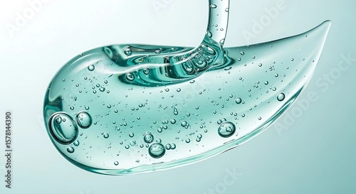 Close-up of clear, viscous liquid forming a teardrop shape with bubbles.
