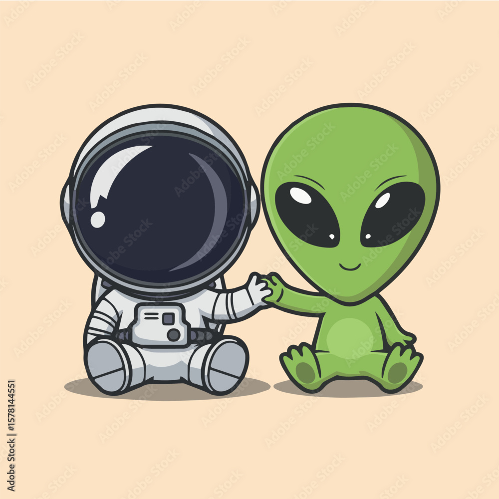 Obraz premium Astronaut and alien cartoon vector illustration friendship in space cute design for kids and adults alike