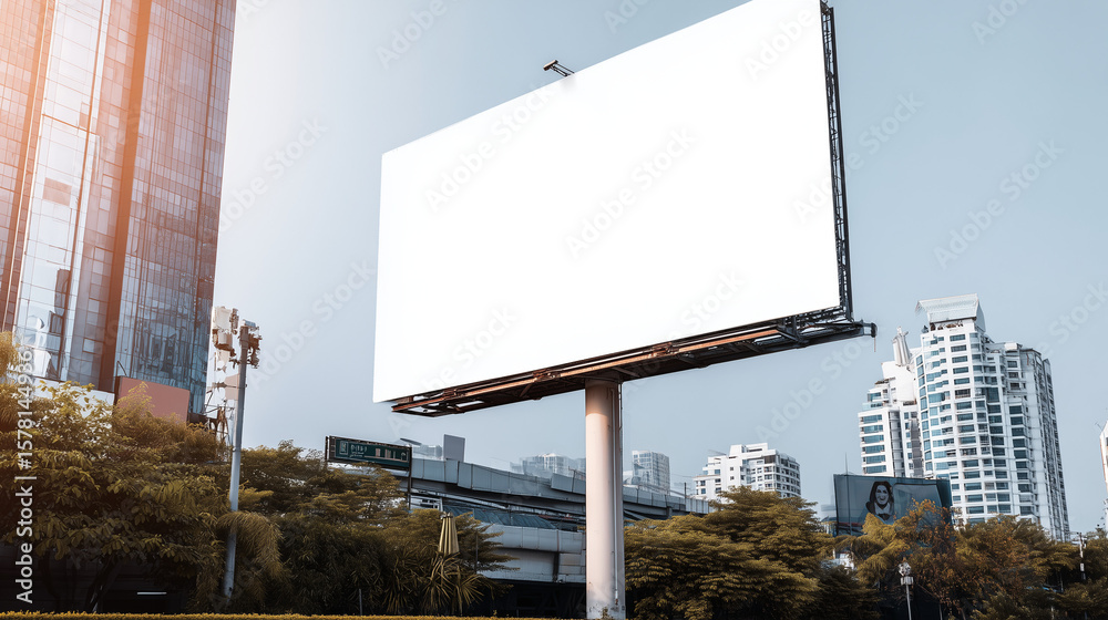 Blank Billboard in a Modern City with Skyscrapers Blank Billboard in a Modern City with Skyscrapers