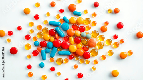 Assorted colorful pills and capsules scattered on a white surface in a random arrangement seen from above