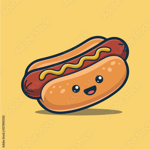 Cute cartoon hotdog illustration vector graphic with mustard and smiling face for food lovers and designers